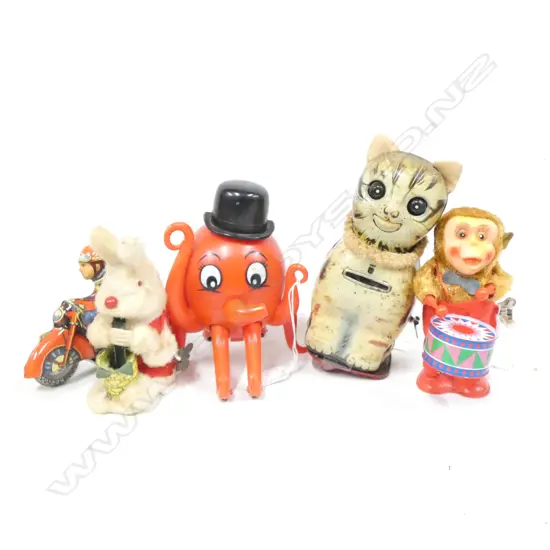 5 VINTAGE TOYS; 3 TIN PLATE; HORSE / CAT & MOTOR BIKE, DRUMMING MONKEY  & OCTOPUS